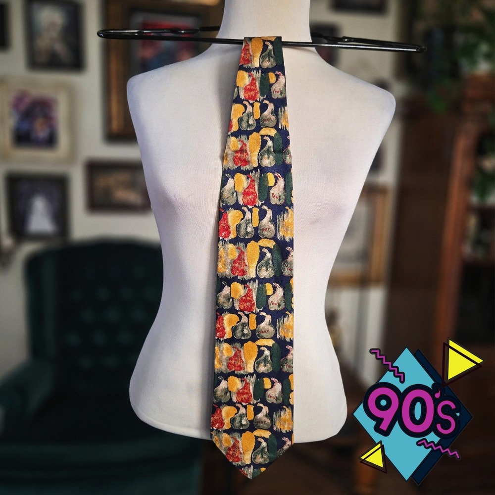 Structure Silk Tie Vintage 90s Mens Pear Fruit Print Abstract Navy Gold Green